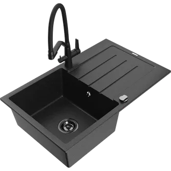 Granitový dřez Mexen Bruno granitový dřez s odkapávačem a kuchyňskou baterií Duo, černý/stříbrný metalik - 6513-73-671701-70-B Granitové dřezy s baterií