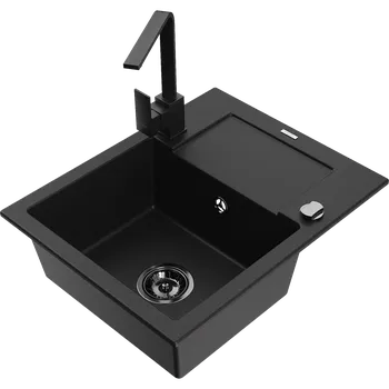 Granitový dřez Mexen Enzo granitový dřez 1-komorový s odkapávačem a kuchyňskou baterií Rita, černý - 6506-77-670300-70-B Granitové dřezy s baterií