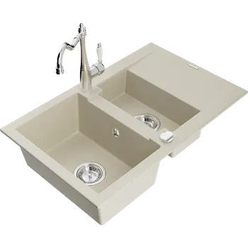 Granitový dřez Mexen Gaspar granitový dřez 1,5-komorový s odkapávačem a kuchyňskou baterií Carla, béžový - 6507-69-670700-00 Granitové dřezy s baterií