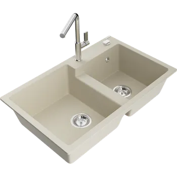 Granitový dřez Mexen Tomas granitový dřez 2-komorový s kuchyňskou baterií Flora, béžový - 6516-69-670401-00 Granitové dřezy s baterií