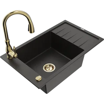 Granitový dřez Mexen Elias granitový jednodřez s odkapávačem a kuchyňskou baterií Savita, černý/zlatý metalik - 6511-75-672601-50 Granitové dřezy s baterií