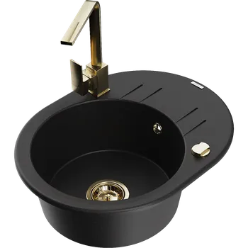 Granitový dřez Mexen Kevin granitový dřez 1-komorový s odkapávačem a kuchyňskou baterií Rita, černý - 6517-77-670300-50 Granitové dřezy s baterií