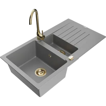 Granitový dřez Mexen Matias granitový dřez 1,5-komorový s odkapávačem a kuchyňskou baterií Telma, šedý - 6502-71-670200-50 Granitové dřezy s baterií