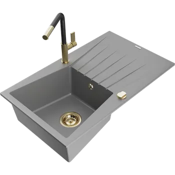 Granitový dřez Mexen Cesar granitový dřez 1-komorový s odkapávačem a kuchyňskou baterií Flora, šedý - 6514-71-670401-57-G Granitové dřezy s baterií