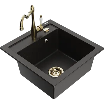 Granitový dřez Mexen Vito granitový kuchyňský dřez s 1 komorou a kuchyňskou baterií Carla, černý/zlatý metalický - 6503-75-670700-50 Granitové dřezy s baterií