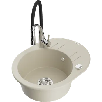 Granitový dřez Mexen Kevin granitový dřez 1-komorový s odkapávačem a kuchyňskou baterií Aster, béžový - 6517-69-73450-07 Granitové dřezy s baterií