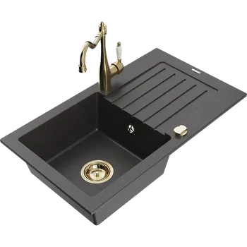 Granitový dřez Mexen Pablo granitový dřez s 1 komorou a odkapávačem a kuchyňskou baterií Carla, černý tečkovaný - 6510-76-670700-50 Granitové dřezy s baterií