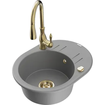 Granitový dřez Mexen Kevin granitový dřez 1-komorový s odkapávačem a kuchyňskou baterií Savita, šedý - 6517-71-672601-50 Granitové dřezy s baterií