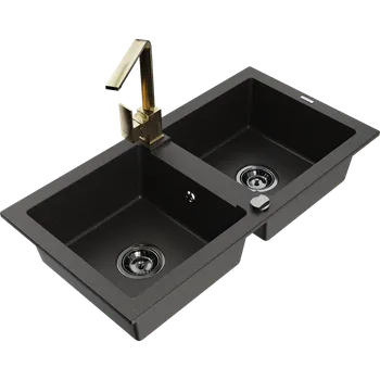 Granitový dřez Mexen Mario dvojkomorový žulový dřez s kuchyňskou baterií Rita, černý/zlatý metalický - 6504-75-670300-50-B Granitové dřezy s baterií