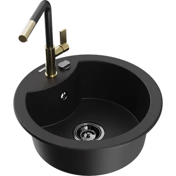 Granitový dřez Mexen Diego granitový dřez 1-komorový s kuchyňskou baterií Flora, černý - 6512-77-670401-57-B Granitové dřezy s baterií