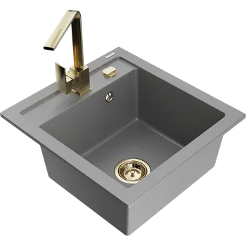 Granitový dřez Mexen Vito granitový dřez 1-komorový s kuchyňskou baterií Rita, šedý - 6503-71-670300-50 Granitové dřezy s baterií
