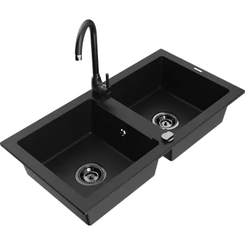 Granitový dřez Mexen Mario granitový dřez 2-komorový s kuchyňskou baterií Telma, černý - 6504-77-670200-70-B Granitové dřezy s baterií