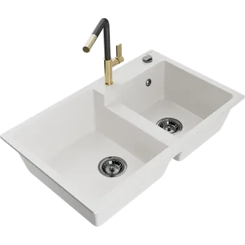 Granitový dřez Mexen Tomas dvoukomorový žulový dřez s kuchyňskou baterií Flora, bílý - 6516-20-670401-57-B Granitové dřezy s baterií