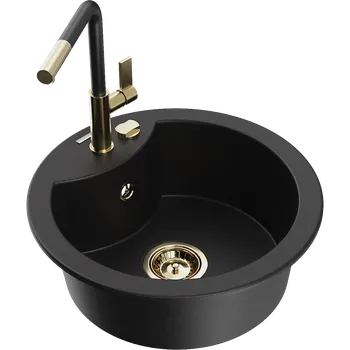 Granitový dřez Mexen Diego granitový dřez s 1 komorou a kuchyňskou baterií Flora, černý - 6512-77-670401-57-G Granitové dřezy s baterií