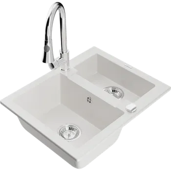 Granitový dřez Mexen Carlos žulový dřez 1,5-komorový s kuchyňskou baterií Elia, bílý - 6518-20-670101-00 Granitové dřezy s baterií