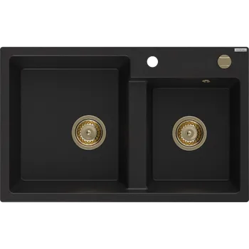 Granitový dřez Mexen Tomas granitový dřez 2-komorový 800 x 500 mm, černý, sifon zlatý - 6516802000-77-G Granitové dřezy