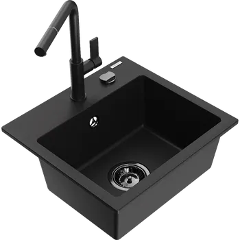 Granitový dřez Mexen Milo granitový dřez 1-komorový s kuchyňskou baterií Flora, černý - 6505-77-670401-70-B Granitové dřezy s baterií