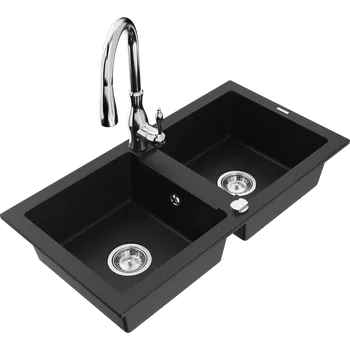 Granitový dřez Mexen Mario dvoukomorový žulový dřez s kuchyňskou baterií Savita, černý - 6504-77-672601-00 Granitové dřezy s baterií