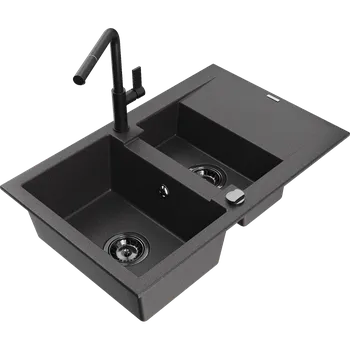 Granitový dřez Mexen Gaspar dřez žulový 1,5-komorový s odkapávačem a kuchyňskou baterií Flora, černý se skvrnami - 6507-76-670401-70-B Granitové dřezy s baterií