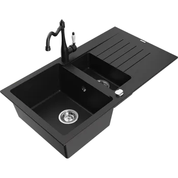 Granitový dřez Mexen Matias granitový dřez 1,5-komorový s odkapávačem a kuchyňskou baterií Carla, černý - 6502-77-670700-70 Granitové dřezy s baterií