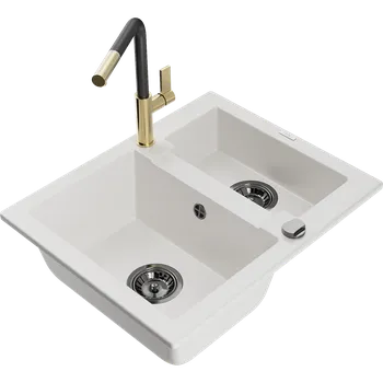 Granitový dřez Mexen Carlos žulový dřez 1,5 komory s kuchyňskou baterií Flora, bílý - 6518-20-670401-57-B Granitové dřezy s baterií