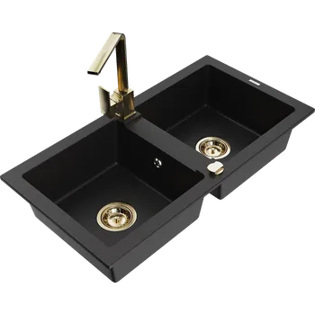 Granitový dřez Mexen Mario granitový dvoukomorový dřez s kuchyňskou baterií Rita, černý - 6504-77-670300-50 Granitové dřezy s baterií
