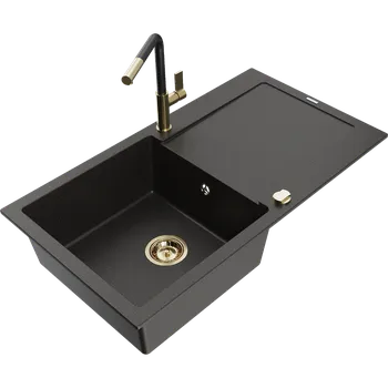 Granitový dřez Mexen Leo granitový dřez 1-komorový s odkapávačem a kuchyňskou baterií Flora, černý/zlatý metalický - 6501-75-670401-57-G Granitové dřezy s baterií