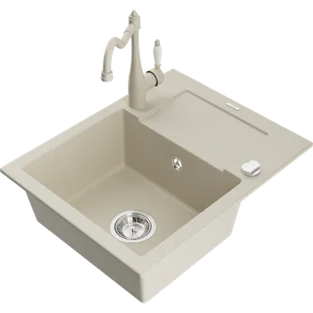 Granitový dřez Mexen Enzo granitový dřez 1-komorový s odkapávačem a kuchyňskou baterií Carla, béžový - 6506-69-670700-69 Granitové dřezy s baterií