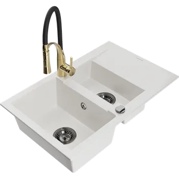 Granitový dřez Mexen Gaspar žulový dřez 1,5-komorový s odkapávačem a kuchyňskou baterií Aster, bílý - 6507-20-73450-57-B Granitové dřezy s baterií