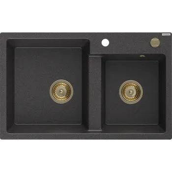 Granitový dřez Mexen Tomas granitový dřez 2-komorový 800 x 500 mm, černý tečkovaný, zlatý sifon - 6516802000-76-G Granitové dřezy