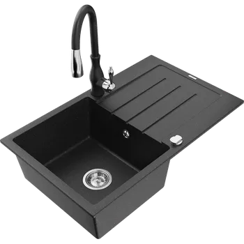 Granitový dřez Mexen Bruno žulový dřez s odkapávačem a kuchyňskou baterií Savita, černý/stříbrný metalík - 6513-73-672601-70 Granitové dřezy s baterií