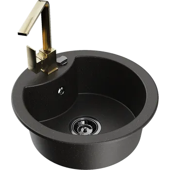 Granitový dřez Mexen Diego granitový dřez 1-komorový s kuchyňskou baterií Rita, černý/zlatý metalický - 6512-75-670300-50-B Granitové dřezy s baterií