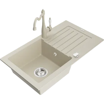 Granitový dřez Mexen Pablo žulový dřez 1-komorový s odkapávací plochou a kuchyňskou baterií Carla, béžový - 6510-69-670700-69 Granitové dřezy s baterií