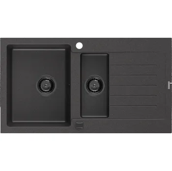 Granitový dřez Mexen Matias žulový dřez 1,5-komorový s odkapávačem 900 x 505 mm, černý kropenatý, černý sifon - 6502901505-76-B Granitové dřezy
