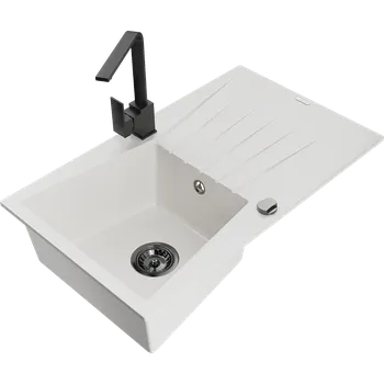 Granitový dřez Mexen Cesar granitový dřez 1-komorový s odkapávačem a kuchyňskou baterií Rita, bílý - 6514-20-670300-70 Granitové dřezy s baterií