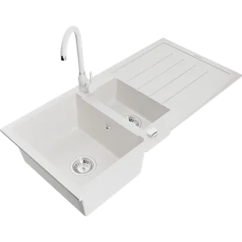 Granitový dřez Mexen Andres granitový dřez 1,5-komorový s odkapávačem a kuchyňskou baterií Telma, bílý - 6515-20-670200-20 Granitové dřezy s baterií