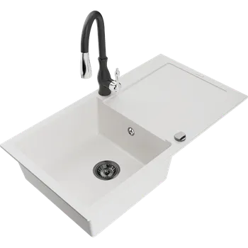 Granitový dřez Mexen Leo granitový dřez s jednou komorou s odkapávačem a kuchyňskou baterií Savita, bílý - 6501-20-672601-70 Granitové dřezy s baterií