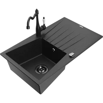 Mexen Cesar granitový dřez 1-komorový s odkapávačem a kuchyňskou baterií Carla, černý/stříbrný metalik - 6514-73-670700-70-B Granitové dřezy s baterií