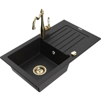Granitový dřez Mexen Pablo granitový dřez s 1 komorou a odkapávačem a kuchyňskou baterií Carla, černý - 6510-77-670700-50 Granitové dřezy s baterií
