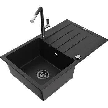Granitový dřez Mexen Bruno granitový dřez 1-komorový s odkapávačem a kuchyňskou baterií Flora, černý - 6513-77-670401-07-B Granitové dřezy s baterií