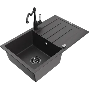 Granitový dřez Mexen Bruno granitový dřez 1-komorový s odkapávačem a kuchyňskou baterií Carla, černý skvrnitý - 6513-76-670700-70-B Granitové dřezy s baterií