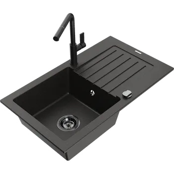 Granitový dřez Mexen Pablo žulový dřez 1-komorový s odkapávačem a kuchyňská baterie Flora, černý/zlatý metalik - 6510-75-670401-70-B Granitové dřezy s baterií