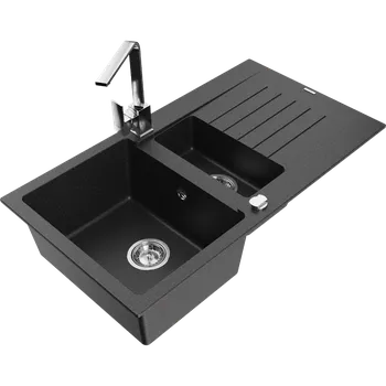 Granitový dřez Mexen Matias žulový dřez 1,5-komorový s odkapávačem a kuchyňskou baterií Rita, černý/stříbrný metalik - 6502-73-670300-00 Granitové dřezy s baterií