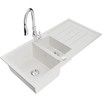 Granitový dřez Mexen Andres žulový dřez 1,5-komorový s odkapávačem a kuchyňskou baterií Savita, bílý - 6515-20-672601-00 Granitové dřezy s baterií