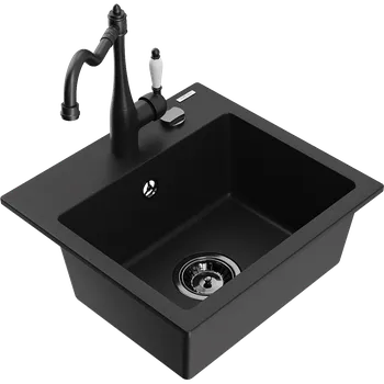 Granitový dřez Mexen Milo granitový dřez 1-komorový s kuchyňskou baterií Carla, černý - 6505-77-670700-70-B Granitové dřezy s baterií