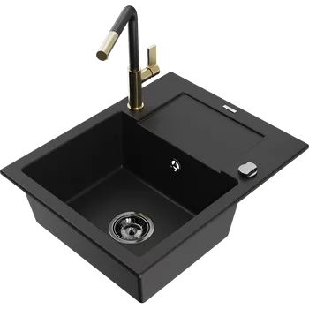 Kuchyňský dřez Mexen Enzo granitový dřez s 1 komorou a odkapávačem a kuchyňskou baterií Flora, černý - 6506-77-670401-57-B Granitové dřezy s baterií