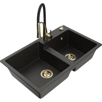 Granitový dřez Mexen Tomas dvojkomorový žulový dřez s kuchyňskou baterií Aster, černý/zlatý metalík - 6516-75-73450-57-G Granitové dřezy s baterií