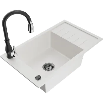 Granitový dřez Mexen Elias granitový dřez 1-komorový s odkapávačem a kuchyňskou baterií Savita, bílý - 6511-20-672601-70 Granitové dřezy s baterií