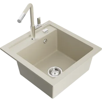 Granitový dřez Mexen Vito granitový dřez s 1 komorou a kuchyňskou baterií Flora, béžový - 6503-69-670401-09 Granitové dřezy s baterií