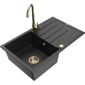 Granitový dřez Mexen Bruno granitový dřez 1-komorový s odkapem a kuchyňskou baterií Telma, černý/stříbrný - 6513-73-670200-50 Granitové dřezy s baterií